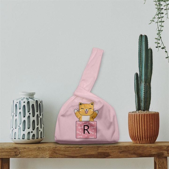 Personalized Any Text Pocket Cat with Denim Pattern Japanese Wrist Knot Bag