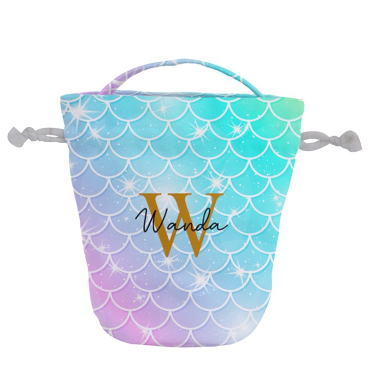 Custom Initial Name Mermaid Drawstring Bucket Bag