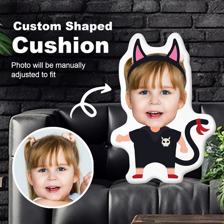 Personalized Photo in Halloween Cat Devil Cartoon Style Custom Shaped Cushion Cut To Shape Cushion Case
