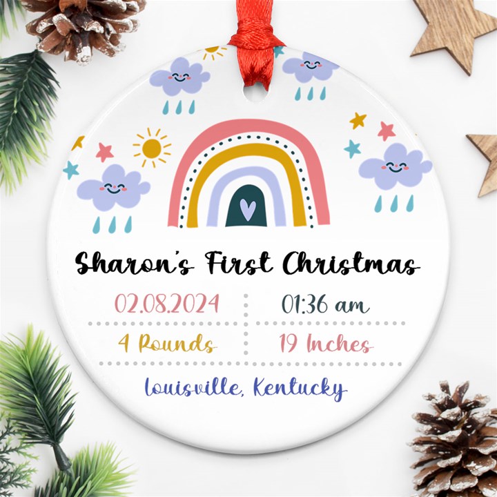 Personalized New Born Baby First Christmas Name Any Text Photo Round Ornament Round Ornament (Two Sides)