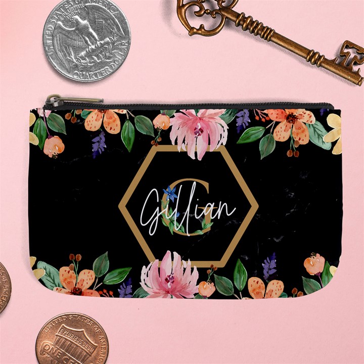 Personalized Flower Marble Initial Name Large Coin Purse Large Coin Purse
